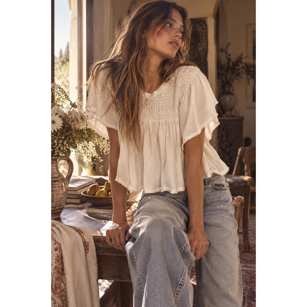 Free People Ivory Linen Cotton Smocked Short Flutter Sleeve Top OB856048 XS